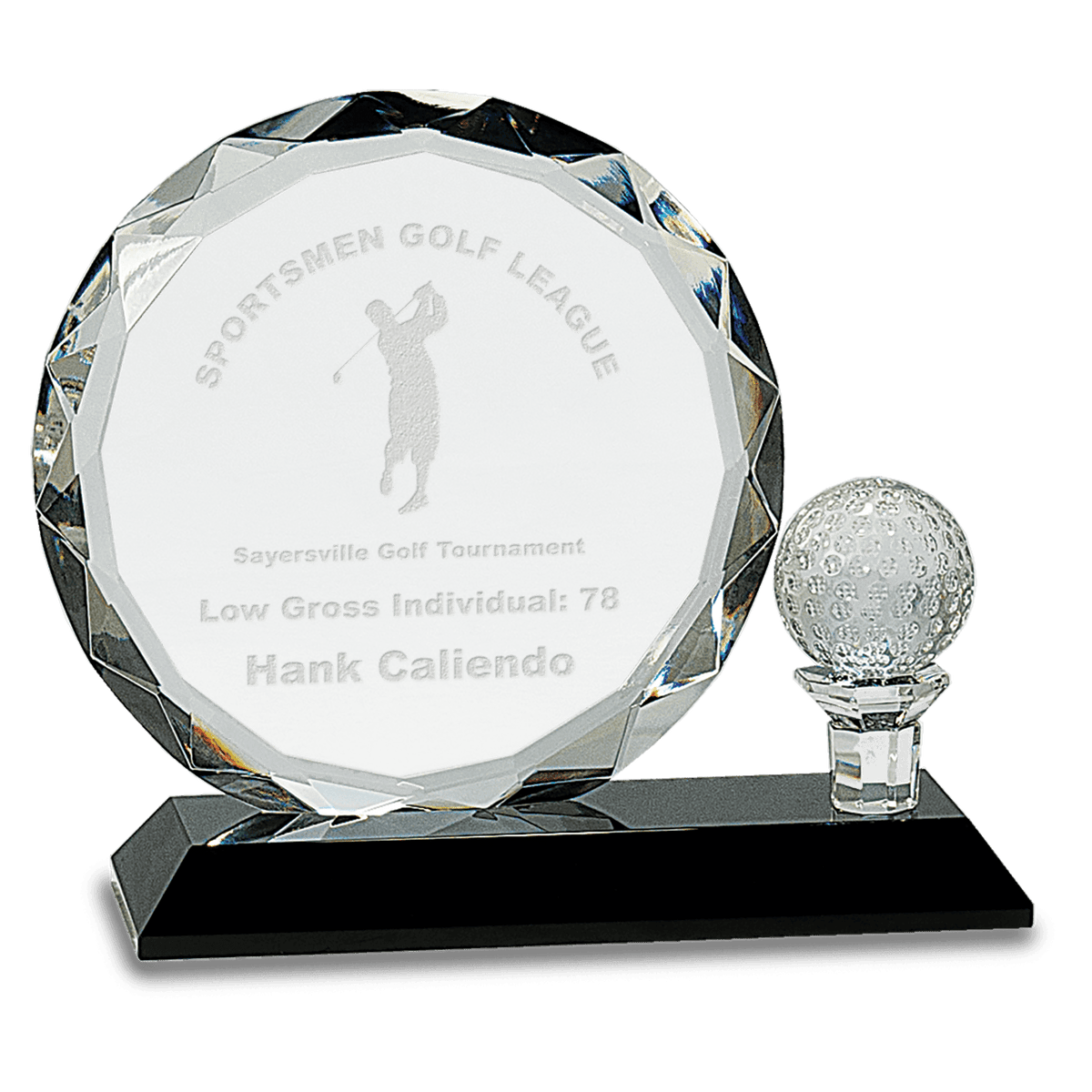 Large Round Facet Crystal with Golf Ball on Black Pedestal Base