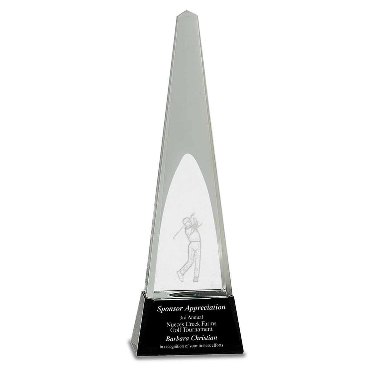 Large Clear Crystal 3D Golf Spire on Black Pedestal Base