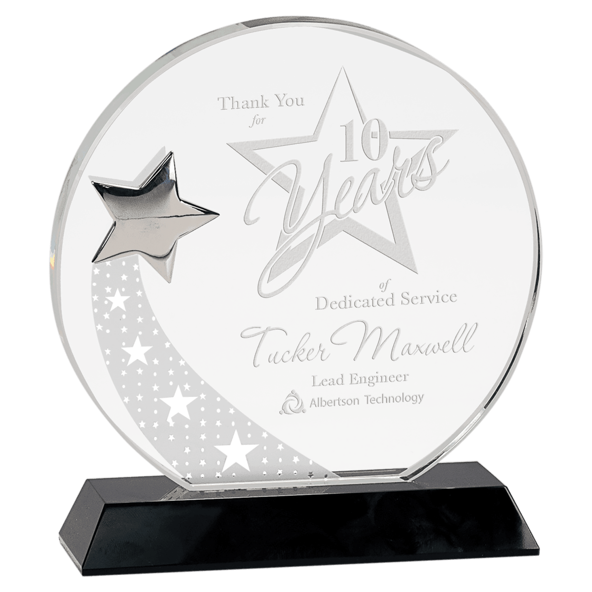 Large Round Crystal with Silver Star on Black Pedestal Base