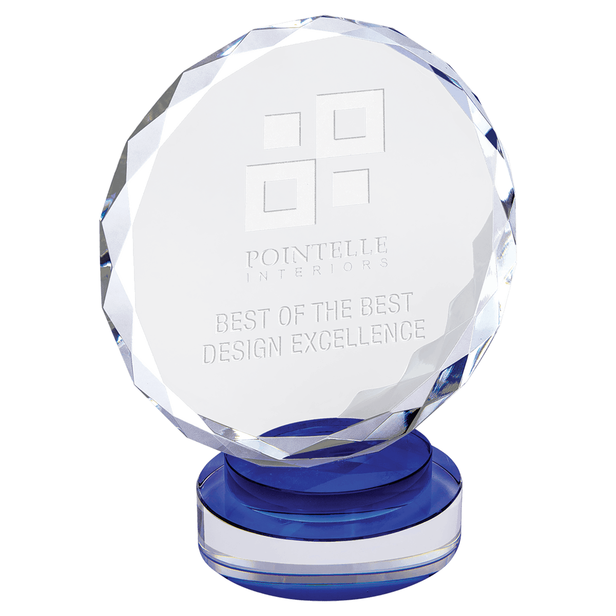Large Round Facet Crystal on Blue & Clear Round Base